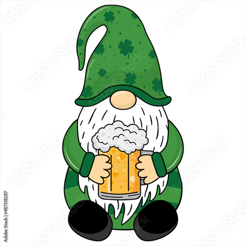 St. Patrick's Day gnome with shamrock and beer. Cute gnome for St Patrick's Day. Cartoon style
