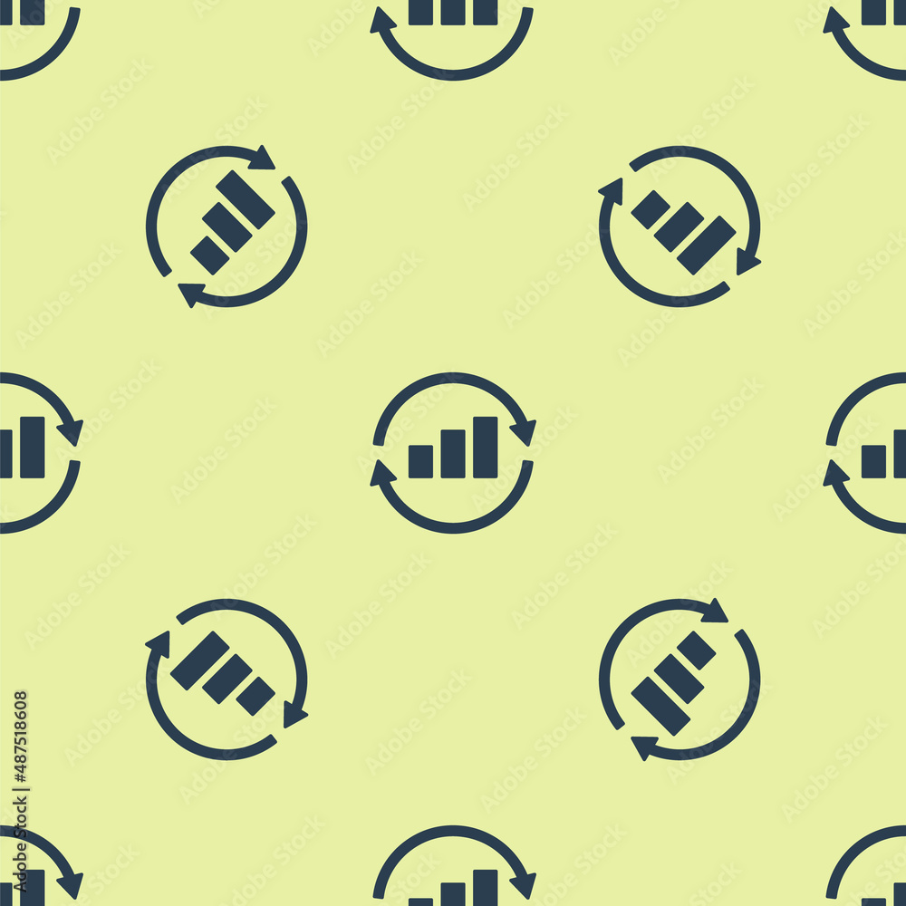 Blue Graph, schedule, chart, diagram, infographic, pie graph icon isolated seamless pattern on yellow background. Vector