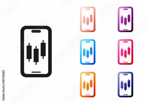 Black Mobile stock trading concept icon isolated on white background. Online trading, stock market analysis, business and investment. Set icons colorful. Vector