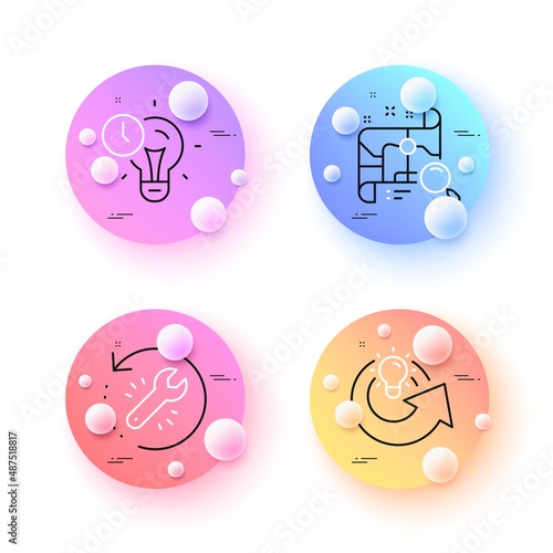 Recovery tool, Time management and Share idea minimal line icons. 3d spheres or balls buttons. Search map icons. For web, application, printing. Backup info, Idea lightbulb, Solution. Vector