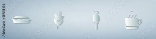 Set Homemade pie, Leaf, Opium poppy and Coffee cup. Paper art style. Vector