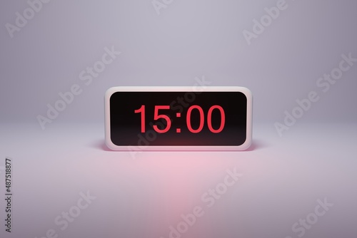 3d alarm clock displaying current time with hour and minute 15.00 15 am pm mid day - Digital clock with red numbers - Time to wake up, attend meeting or appointment