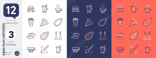 Set of Tea mug, Takeaway coffee and Cooking spoon line icons. Include Bread, Almond nut, Pizza icons. Doppio, Cooking cutlery, Mocha web elements. Food delivery, Pumpkin seed, Coffee cup. Vector
