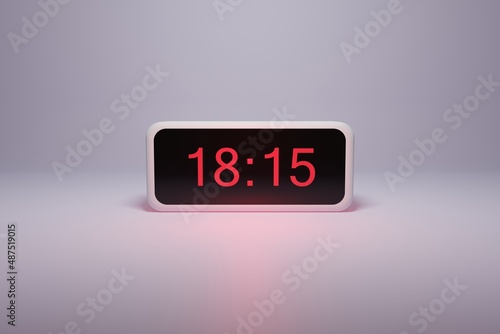 3d alarm clock displaying current time with hour and minute 18.15 18 am pm mid day - Digital clock with red numbers - Time to wake up, attend meeting or appointment