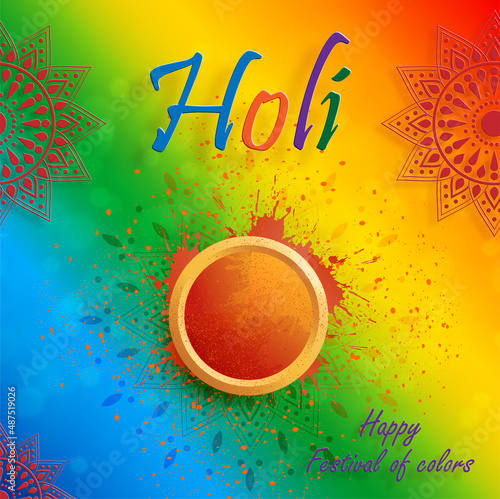 Happy Holi Festival, colorful gulal with powder color for the traditional Indian festival of colors with nice and creative design on color background