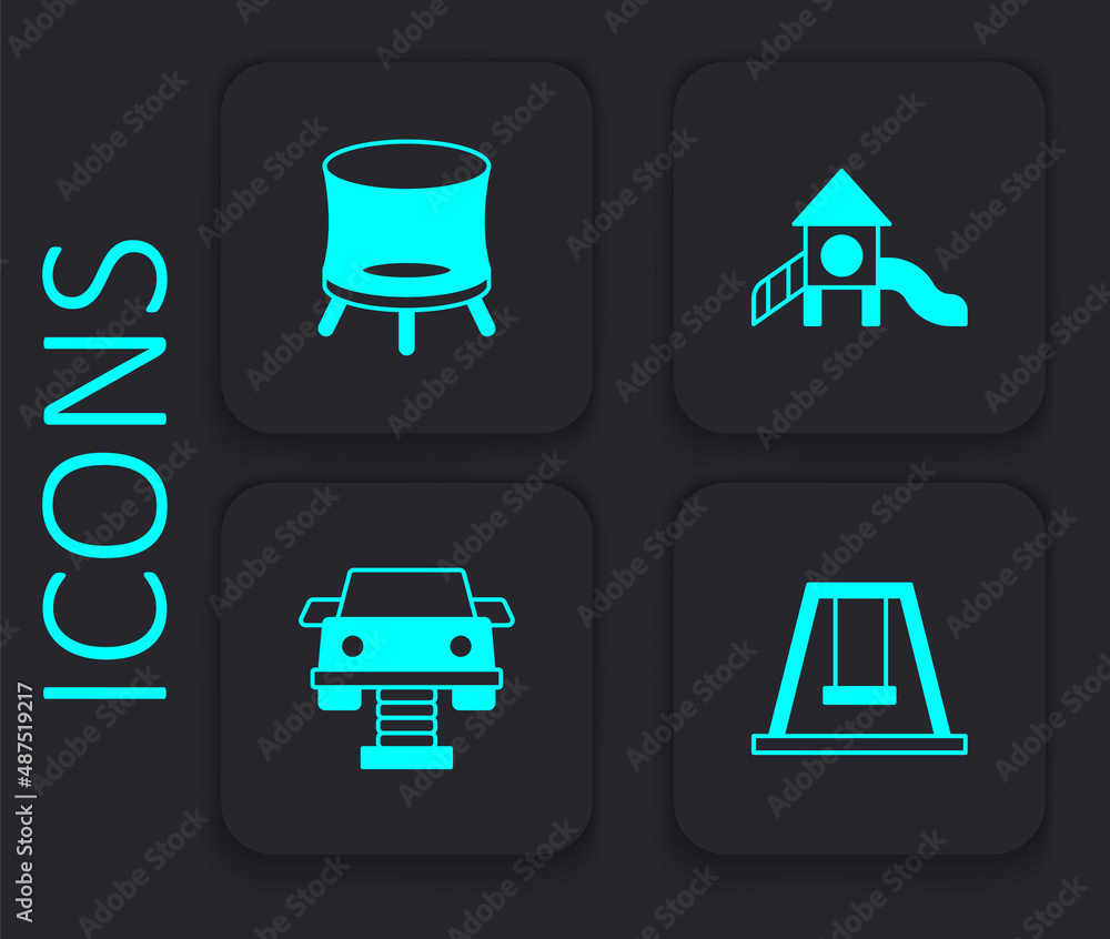 Set Swing for kids, Jumping trampoline, Slide playground and car icon. Black square button. Vector