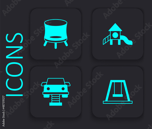 Set Swing for kids, Jumping trampoline, Slide playground and car icon. Black square button. Vector