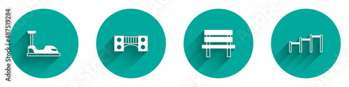 Set Bumper car, Playground kids bridge, Bench and Sport horizontal bar icon with long shadow. Vector