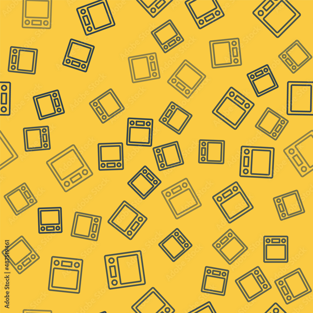 Blue line Electronic scales icon isolated seamless pattern on yellow background. Weight measure equipment. Vector