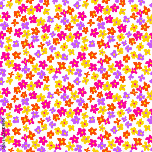 Baby doll ditsy seamless pattern. Orange violet yellow floral repeat print. Cute botanical design for textile, fabric, wallpaper and decoration.