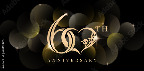 60th anniversary symbol with love or heart and sparkling glitter isolated black backgrounds. applicable for greeting cards, invitation, Wedding anniversary , banner and celebration company or business