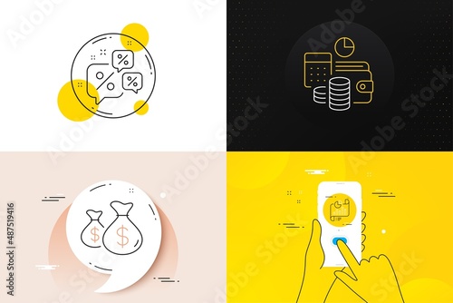 Minimal set of Report document, Coins bags and Budget accounting line icons. Phone screen, Quote banners. Discounts chat icons. For web development. Growth chart, Investment, Financial trade. Vector