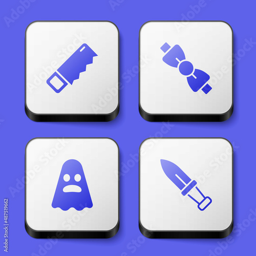 Set Hand saw, Bow tie, Ghost and Dagger icon. White square button. Vector