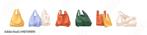 Plastic shopping bags set. Empty disposable packages for supermarket and garbage. Used and new polythene packs, packets for purchases. Realistic flat vector illustrations isolated on white background