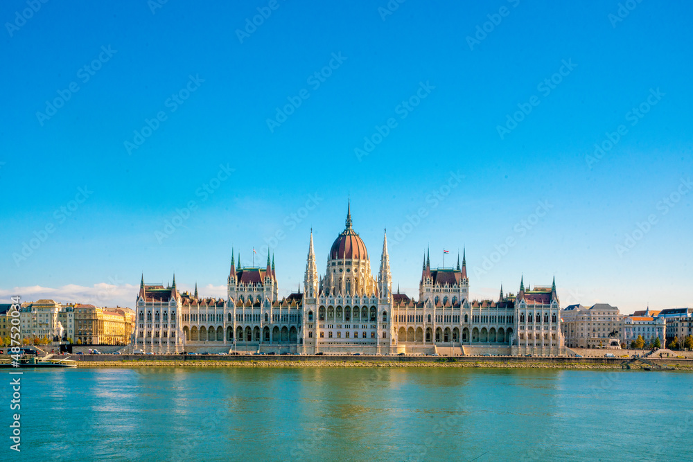 Building on the river. Beautiful view of Budapest parliament at sunset, Hungary. Great architecture