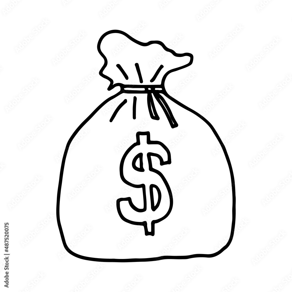 Big bag of money isolated on a white background. Paper money and coins inside. Doodle vector illustration. Big bag of money isolated on a white background. Paper money and coins inside. Doodle vector illustration.
