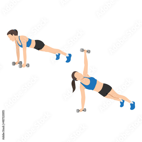 Woman doing Plank rotation exercise. Flat vector illustration isolated on white background