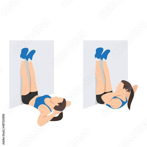 Woman doing Legs up the wall crunch exercise. Flat vector illustration isolated on white background