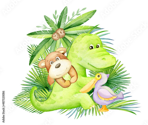 Monkey  alligator  parrot  pelkin  palm  Watercolor clipart  in cartoon style  on an isolated background.