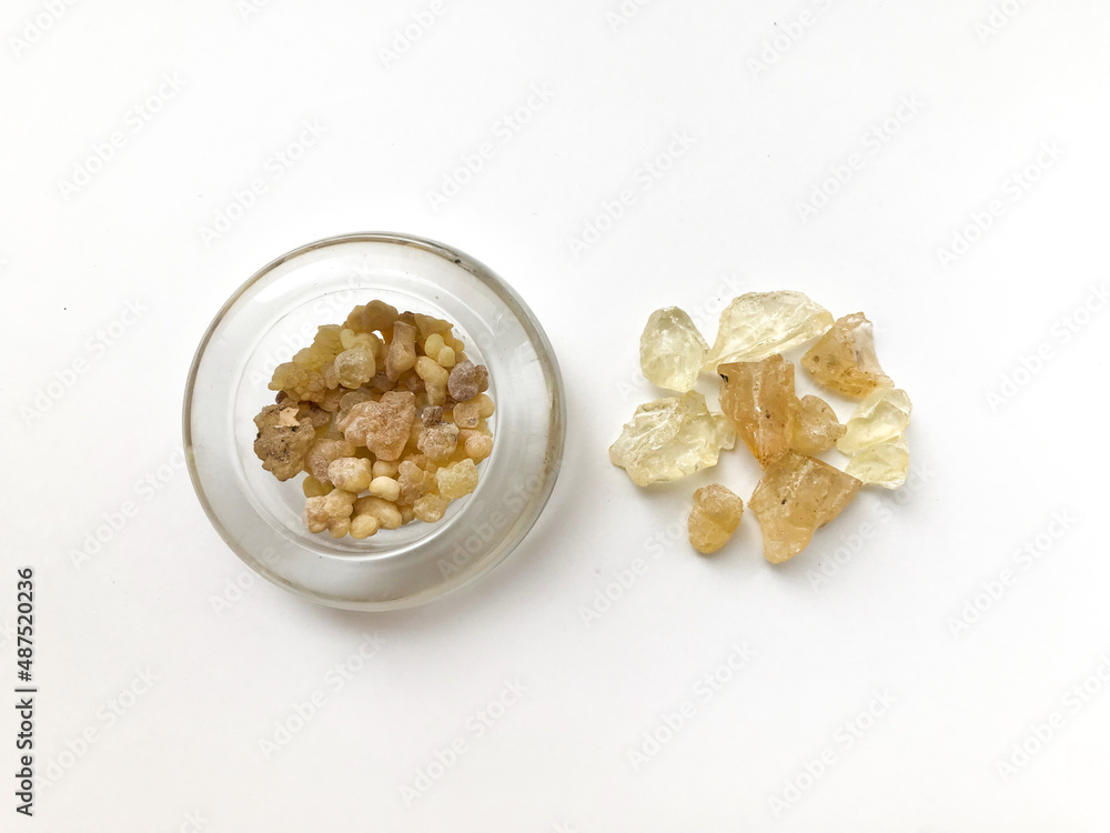 Set of natural resins , frankincense close-up on a white background Set of natural resins , frankincense close-up on a white background