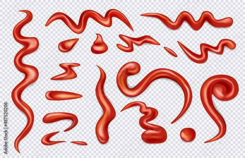 Ketchup stains and splashes, tomato sauce red splats and smears 3d. Tomato sauce red spots and smears, drops for paste and catsup blobs. Vegetable seasoning barbecue sour food