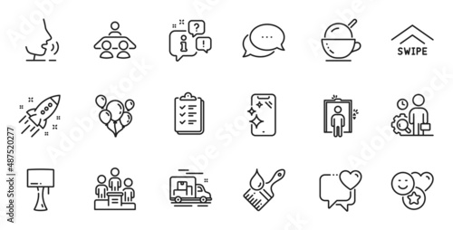 Outline set of Table lamp, Dots message and Inspect line icons for web application. Talk, information, delivery truck outline icon. Include Heart, Brush, Elevator icons. Vector