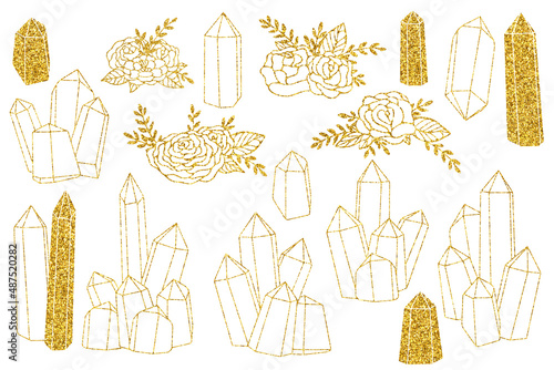 Golden glitter fantasy clip art. Crystals elements set on white background