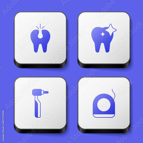 Set Broken tooth, Tooth whitening, drill and Dental floss icon. White square button. Vector