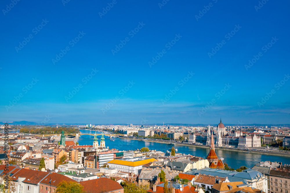 Hungary, budapest. Wonderful view of the european city, gothic architecture, parliament, beautiful view of the architecture and the danube river flowing through the city.