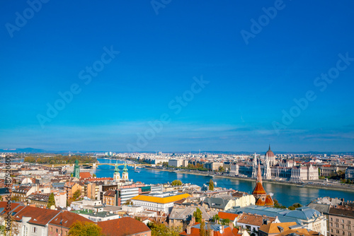 Hungary, budapest. Wonderful view of the european city, gothic architecture, parliament, beautiful view of the architecture and the danube river flowing through the city. © watman