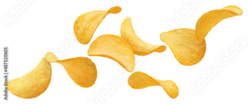 Flying potato chips, isolated on white background photo