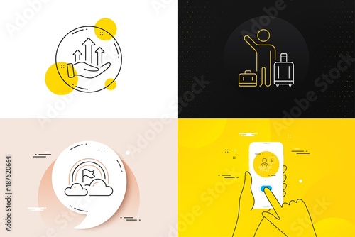 Minimal set of Podium, Lgbt and Airport transfer line icons. Phone screen, Quote banners. Growth chart icons. For web development. Conference stage, Rainbow flag, Baggage reclaim. Money gain. Vector
