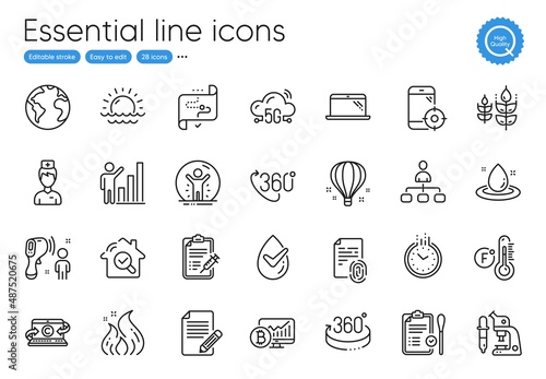 Vaccine report, Fahrenheit thermometer and Microscope line icons. Collection of Dermatologically tested, Target path, Article icons. 360 degree, Air balloon, Fuel energy web elements. Vector