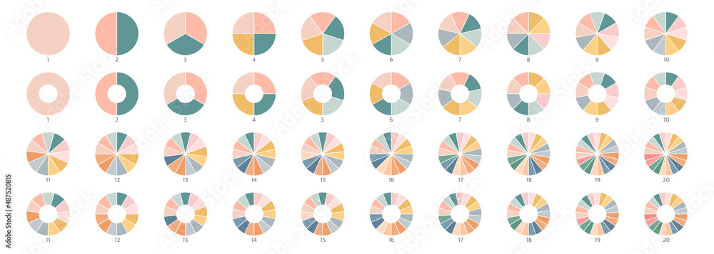 Segment slice set. Pie chart color icons. Circle section graph. 1,20,19,18,16,9 segment infographic. Wheel round diagram part. Three phase, six circular cycle. Geometric element. Vector illustration Segment slice set. Pie chart color icons. Circle section graph. 1,20,19,18,16,9 segment infographic. Wheel round diagram part. Three phase, six circular cycle. Geometric element. Vector illustration