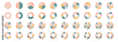 Segment slice set. Pie chart color icons. Circle section graph. 1,20,19,18,16,9 segment infographic. Wheel round diagram part. Three phase, six circular cycle. Geometric element. Vector illustration