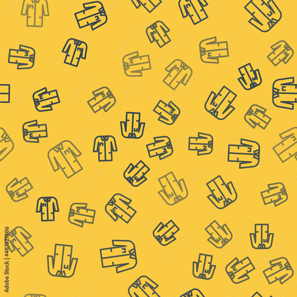 Blue line Laboratory uniform icon isolated seamless pattern on yellow background. Gown for pharmaceutical research workers. Medical employee equipment. Vector Blue line Laboratory uniform icon isolated seamless pattern on yellow background. Gown for pharmaceutical research workers. Medical employee equipment. Vector
