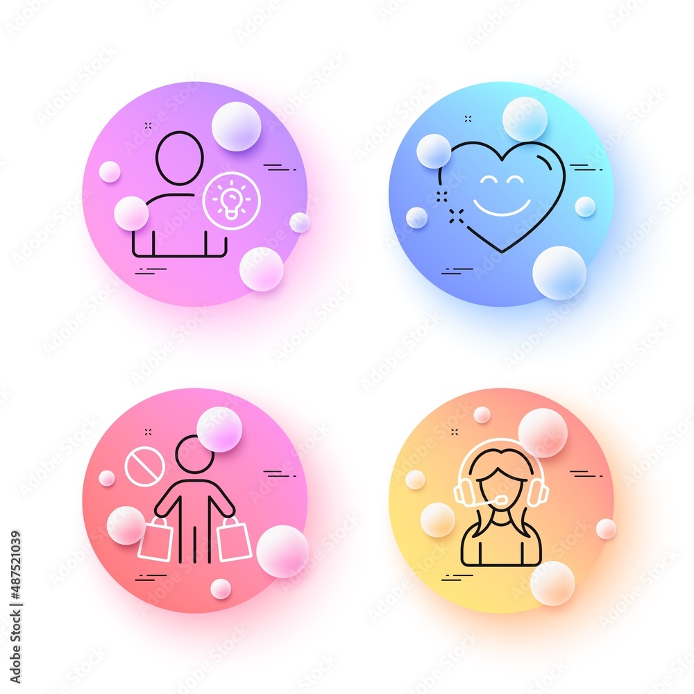 User idea, Support and Smile chat minimal line icons. 3d spheres or balls buttons. Stop shopping icons. For web, application, printing. Light bulb, Call center, Heart face. No buying. Vector User idea, Support and Smile chat minimal line icons. 3d spheres or balls buttons. Stop shopping icons. For web, application, printing. Light bulb, Call center, Heart face. No buying. Vector