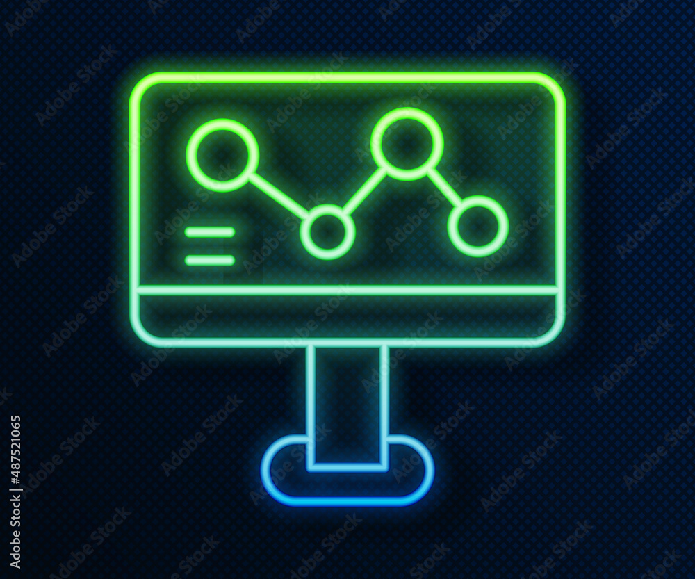 Glowing neon line Chemical formula on monitor icon isolated on blue background. Abstract hexagon for innovation medicine, health, research and science. Vector Glowing neon line Chemical formula on monitor icon isolated on blue background. Abstract hexagon for innovation medicine, health, research and science. Vector