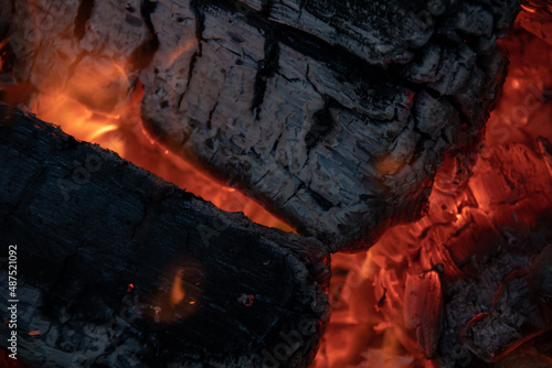 close-up of burning firewood wisth small flame