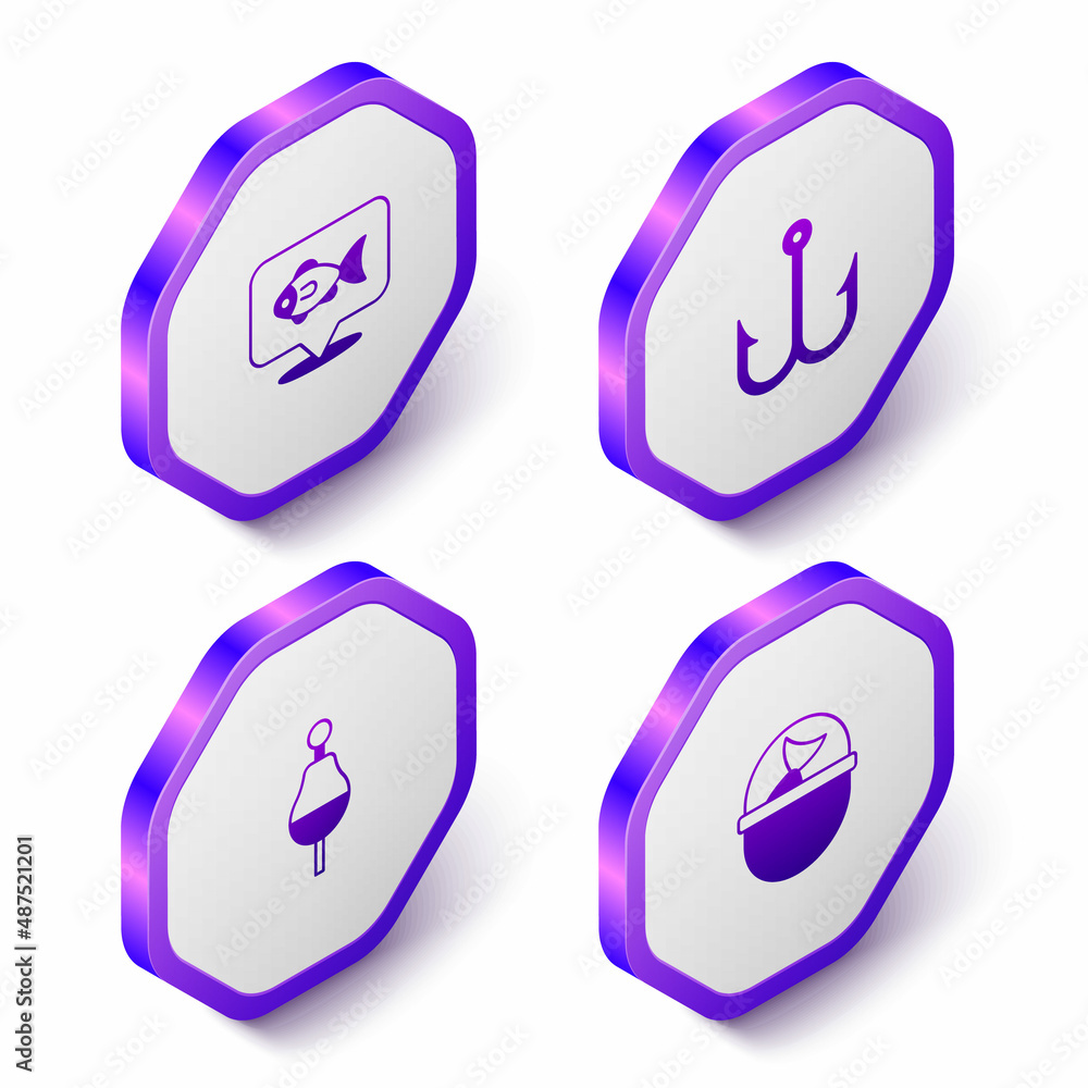 Set Isometric Location fishing, Fishing hook, float and bucket with icon. Purple hexagon button. Vector Set Isometric Location fishing, Fishing hook, float and bucket with icon. Purple hexagon button. Vector