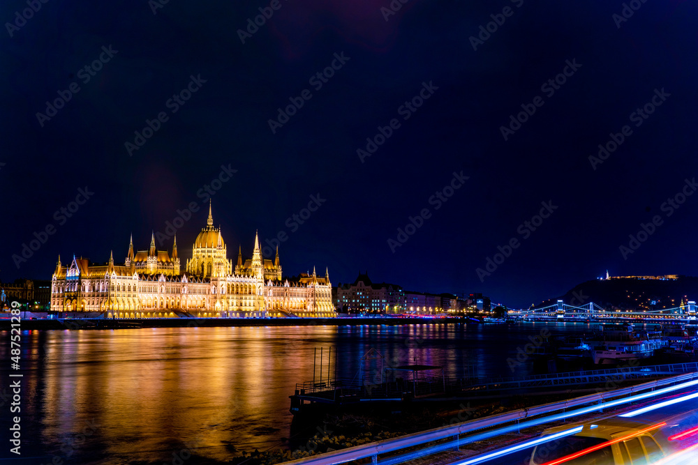 Beautiful architecture, illuminated by lanterns. A magical view of the ancient city. An amazing old building on the banks of the danube. Hungarian parliament building at night, budapest, hungary