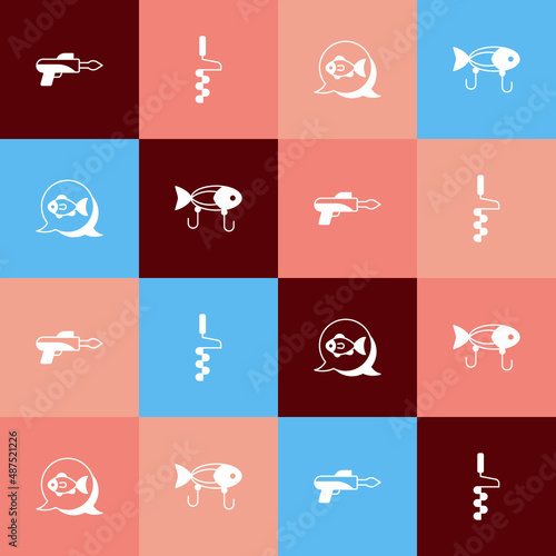 Set pop art Fishing harpoon, Hand ice drill, and lure icon. Vector