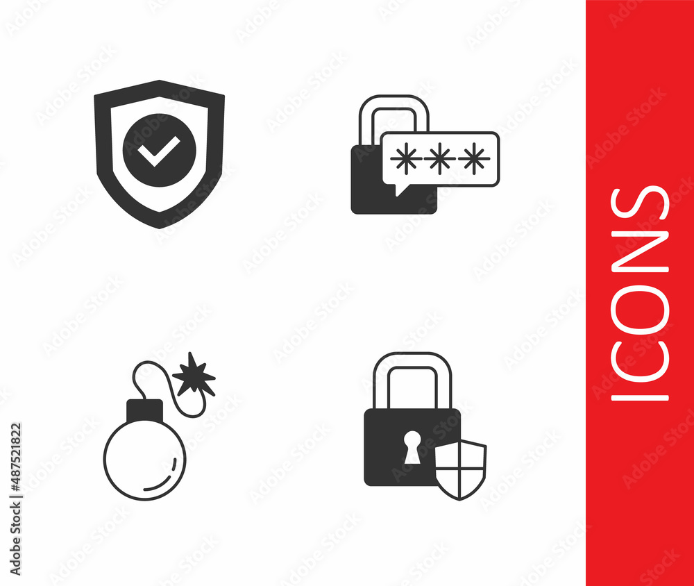 Set Shield security with lock, check mark, Bomb and Cyber icon. Vector Set Shield security with lock, check mark, Bomb and Cyber icon. Vector