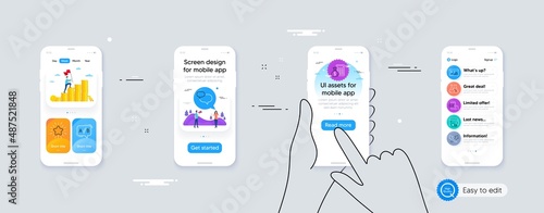 Set of Finance calculator, Ab testing and Wallet line icons. Phone ui interface. Include Chemistry lab, Chat message, Seo statistics icons. Vector