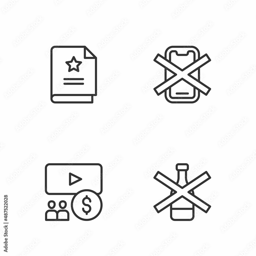 Set line No alcohol, Cinema auditorium with screen, Scenario and cell phone icon. Vector Set line No alcohol, Cinema auditorium with screen, Scenario and cell phone icon. Vector