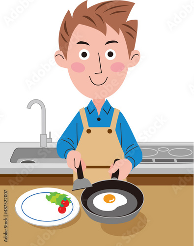 男性が料理（玉子焼き）を作っています。