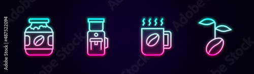 Set line Coffee jar bottle, Electric coffee grinder, cup and beans. Glowing neon icon. Vector
