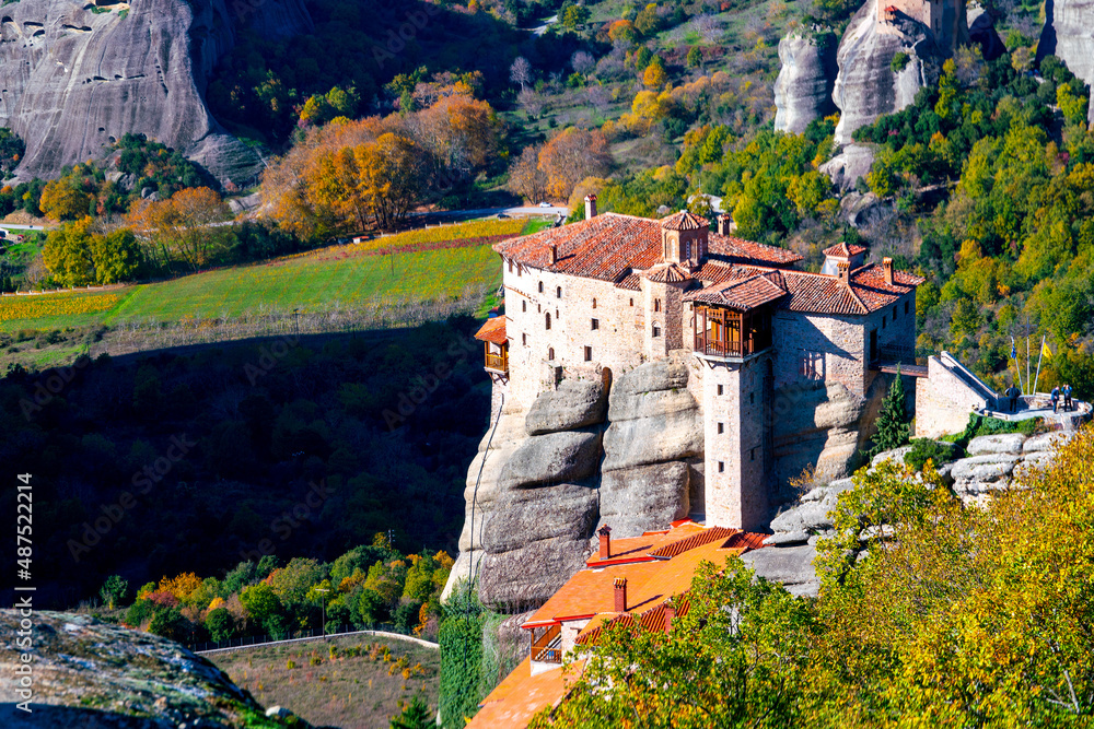 Great ancient monastery of varlaam on a high rock in meteora, thessaly, greece. Great view of the cliffs.