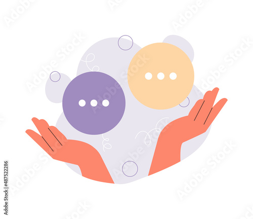 Concept of dilemma. Womens hands hold two answers. Life challenges and difficult choices. Comparison of options, thoughtfulness and evaluation of information. Cartoon flat vector illustration