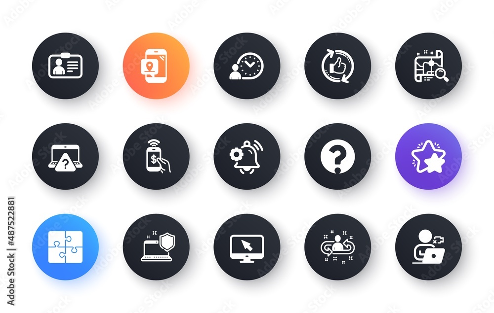 Minimal set of Search map, Id card and Phone payment flat icons for web development. Computer security, Online question, Internet icons. Notification bell, Pin marker. Circle buttons with icon. Vector Minimal set of Search map, Id card and Phone payment flat icons for web development. Computer security, Online question, Internet icons. Notification bell, Pin marker. Circle buttons with icon. Vector